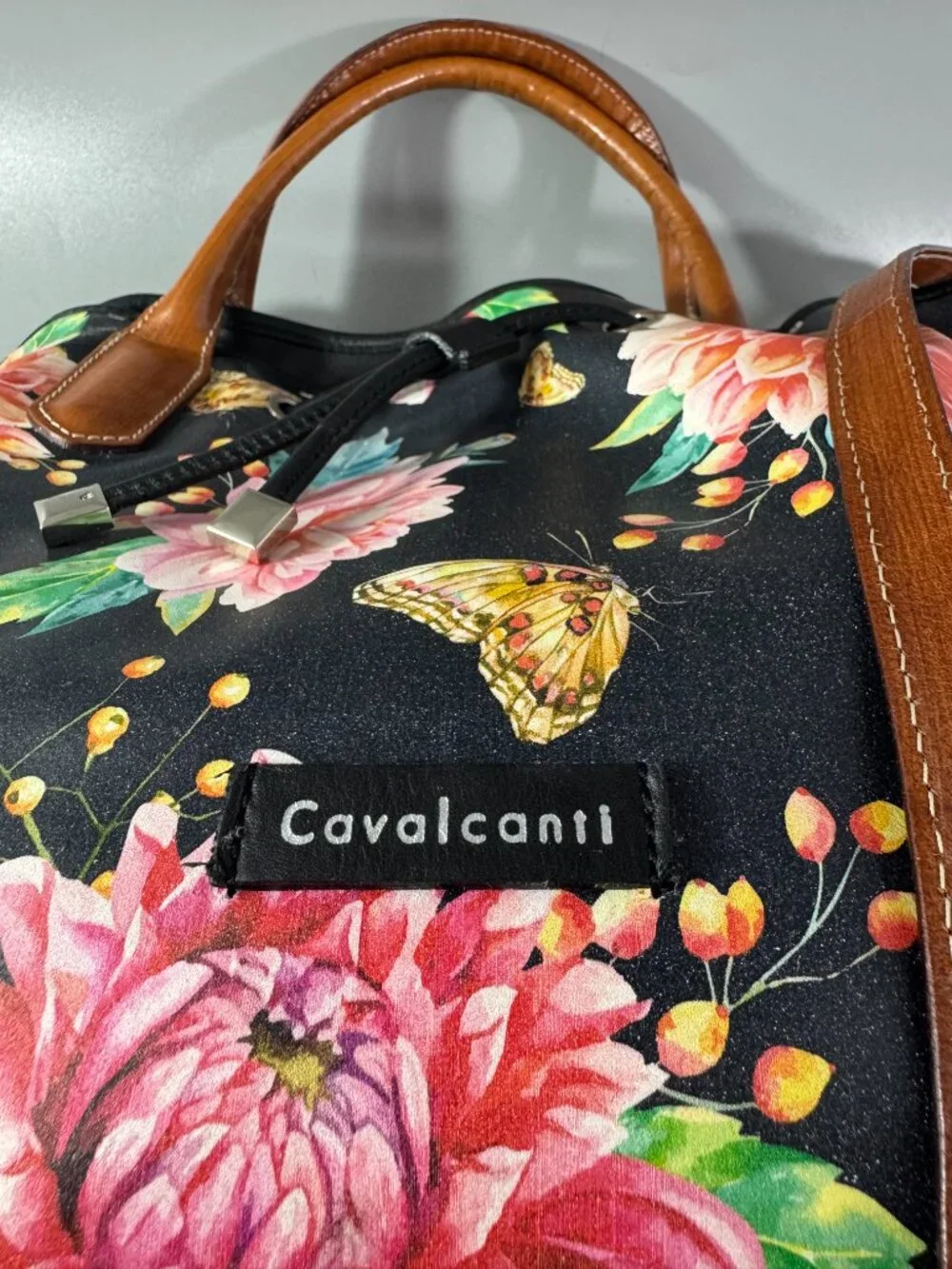 Cavalcanti Italian Black Leather Floral Spring Summer Drawstring Satchel Bag